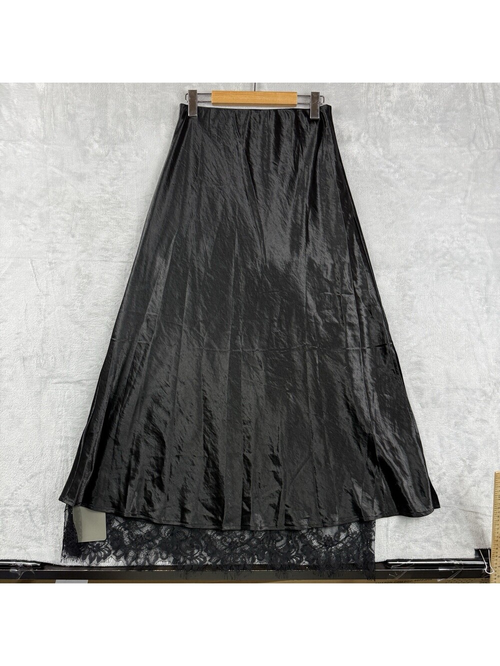 Women’s Black Satin Lace Trim Maxi Skirt High Rise A-Line Elegant Evening NWT - Picture 2 of 8